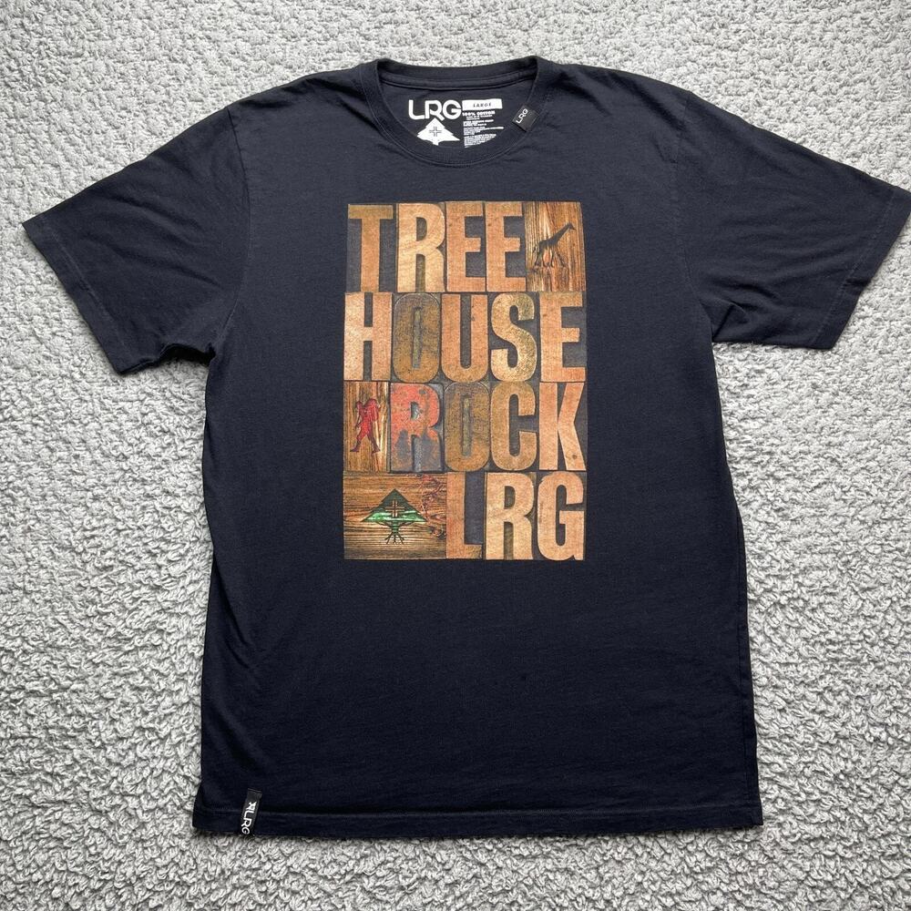 LRG Lifted Research Group Shirt Mens Large Black Tree House Rock Crew Neck